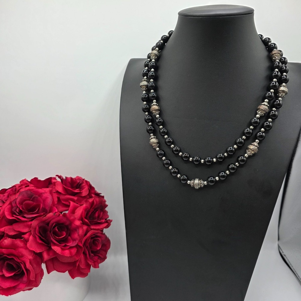 Yousi Black‎ Onyx Silver Tone Beaded Double Strand Necklace Statement Jewelry